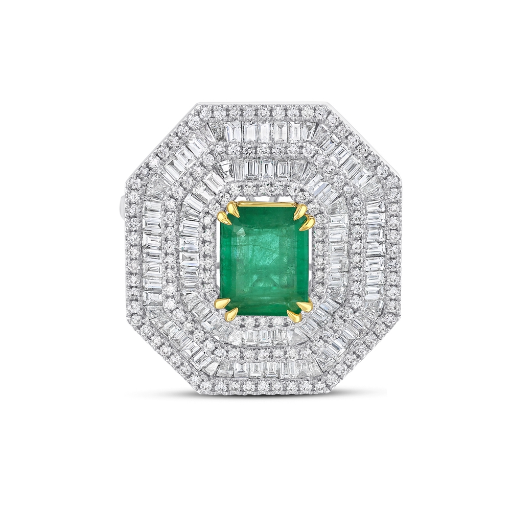 3.92 ct. Pırlanta Baget Doğal Zümrüt Yüzük