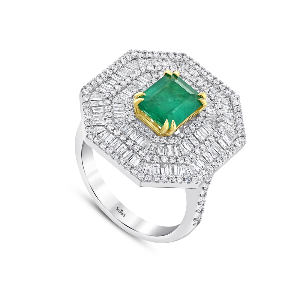 3.92 ct. Pırlanta Baget Doğal Zümrüt Yüzük