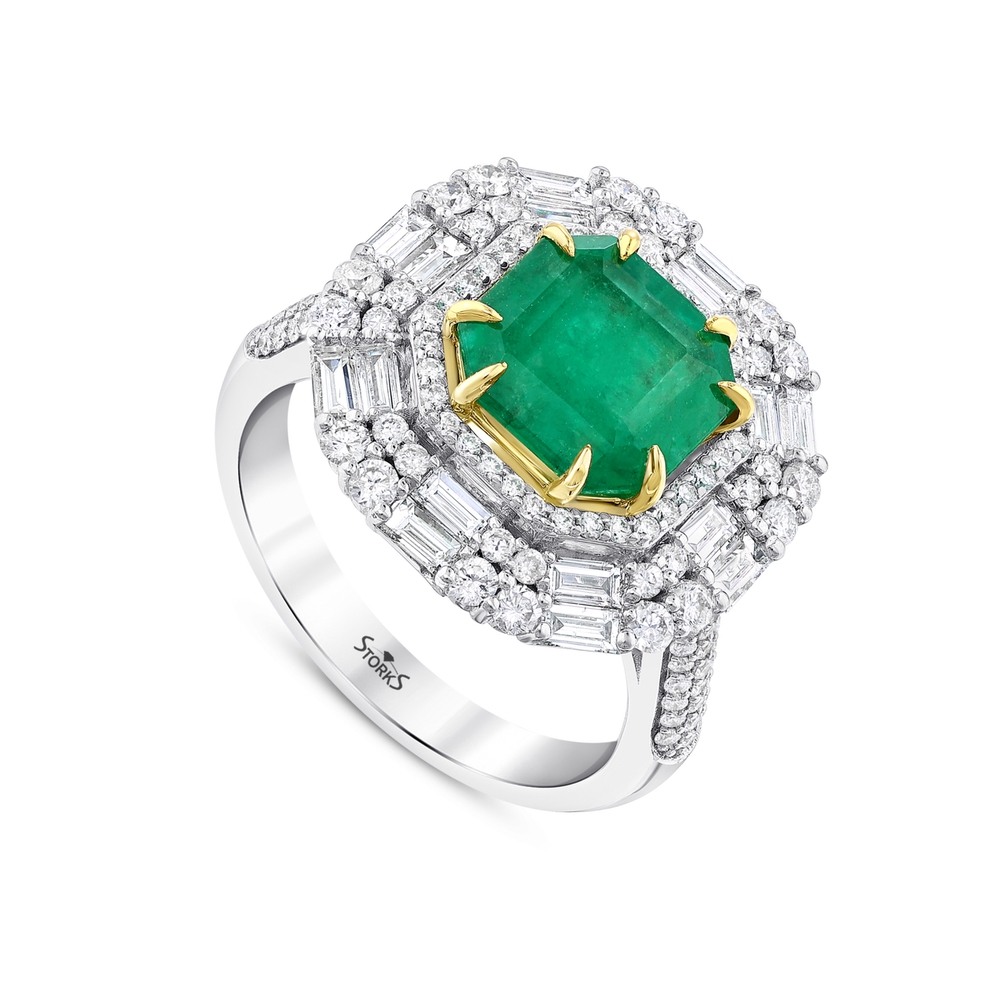5.05 ct. Pırlanta Baget Doğal Zümrüt Yüzük