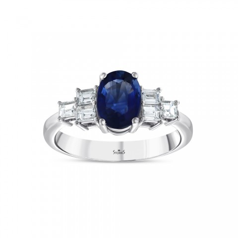 1.86 ct. Pırlanta Baget Doğal Safir Yüzük